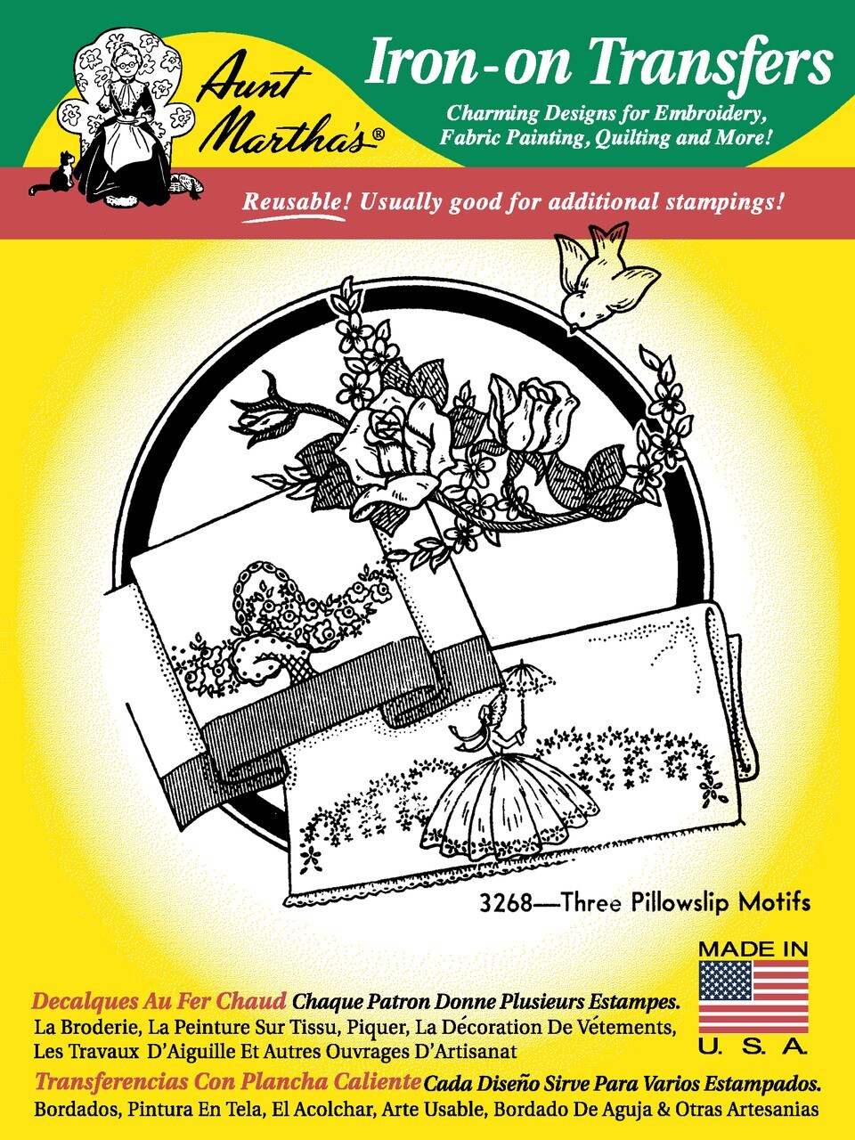 Three Pillowslip Motifs 3268 Hot Aunt Martha's Hot Iron Embroidery Transfer